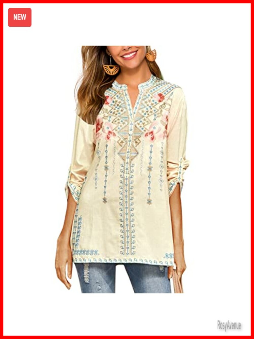 Women's Embroidered Mexican Peasant Tunic Top V Neck Cotton Rayon Loose Blouse